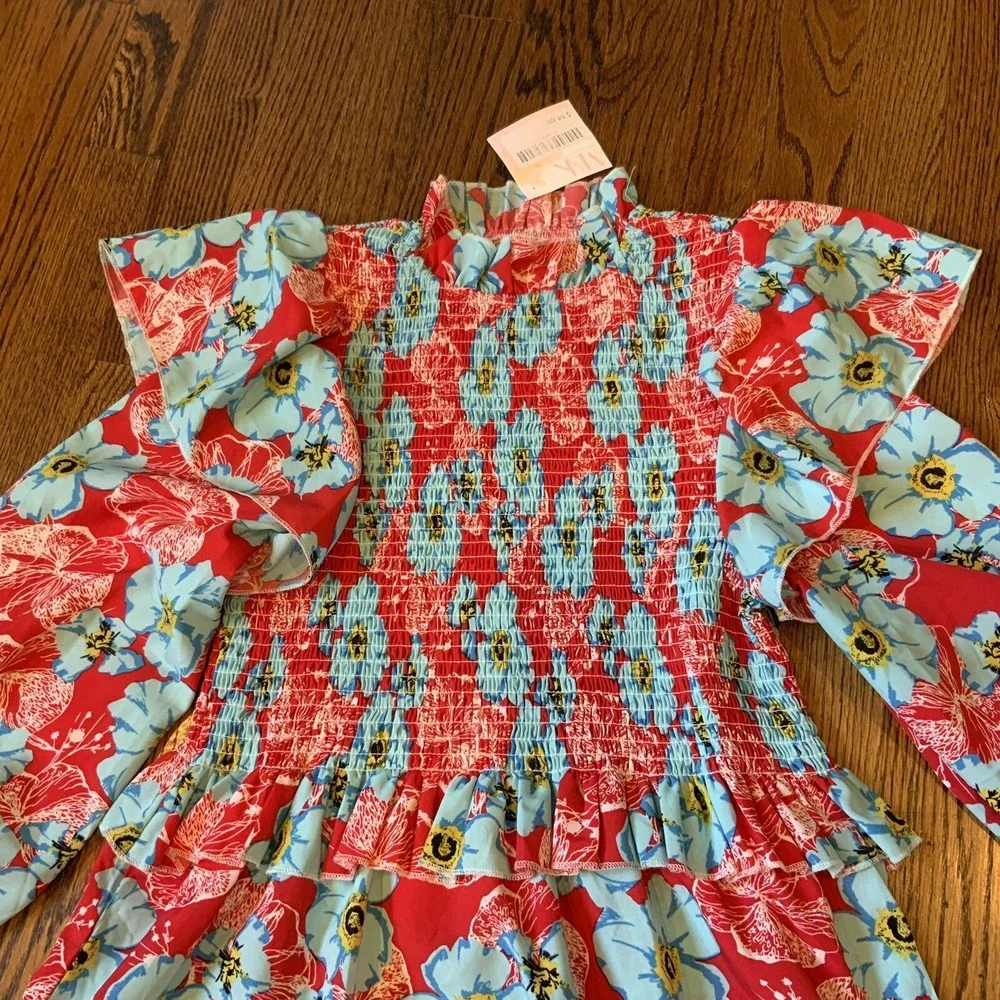 Womens Sunday Up NWT Floral Long Sleeve L Dress Boho Smocked